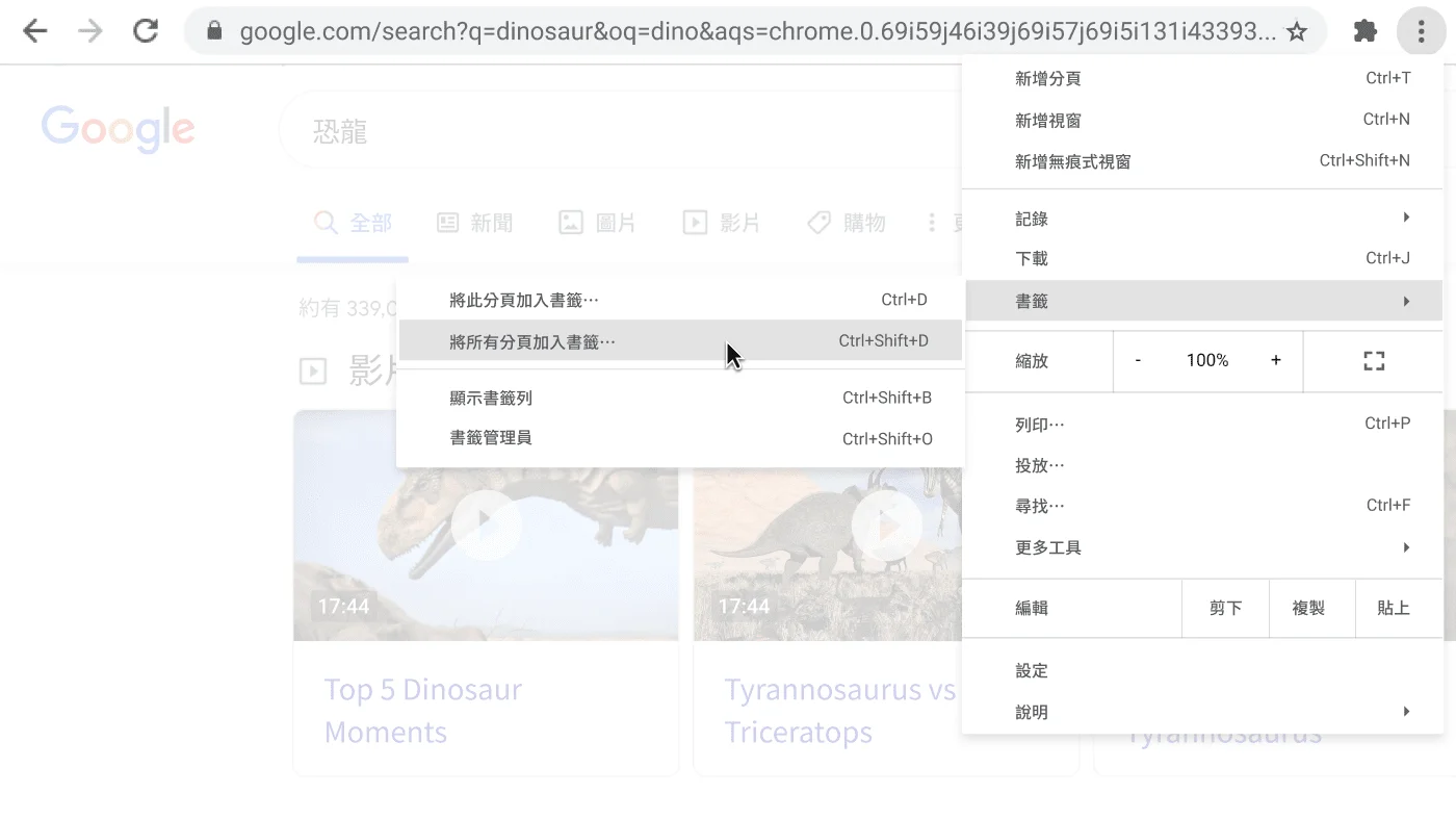 Chrome 瀏覽器視窗：顯示含有將所有分頁加入書籤選項的對話方塊。