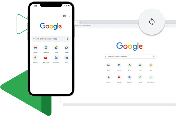 Chrome's window displays a sync browser experience across mobile and desktop devices.