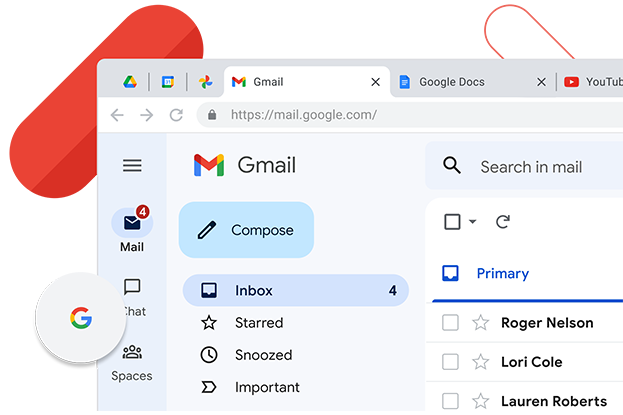 Chrome's window displays Gmail inbox next to the browser tabs of YouTube and Google Docs.