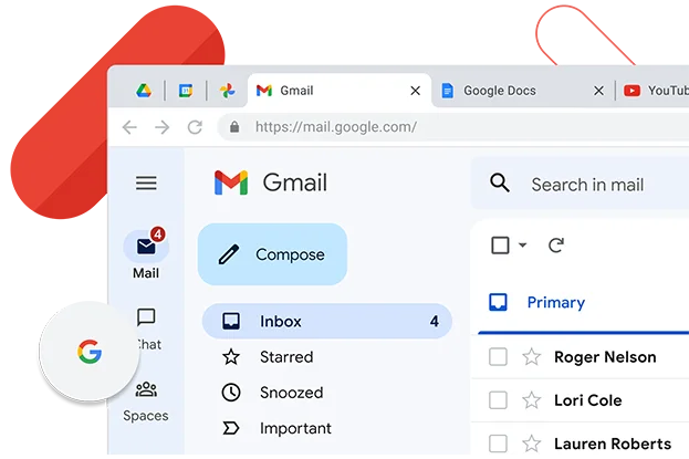 Chrome's window displays Gmail inbox next to the browser tabs of YouTube and Google Docs.