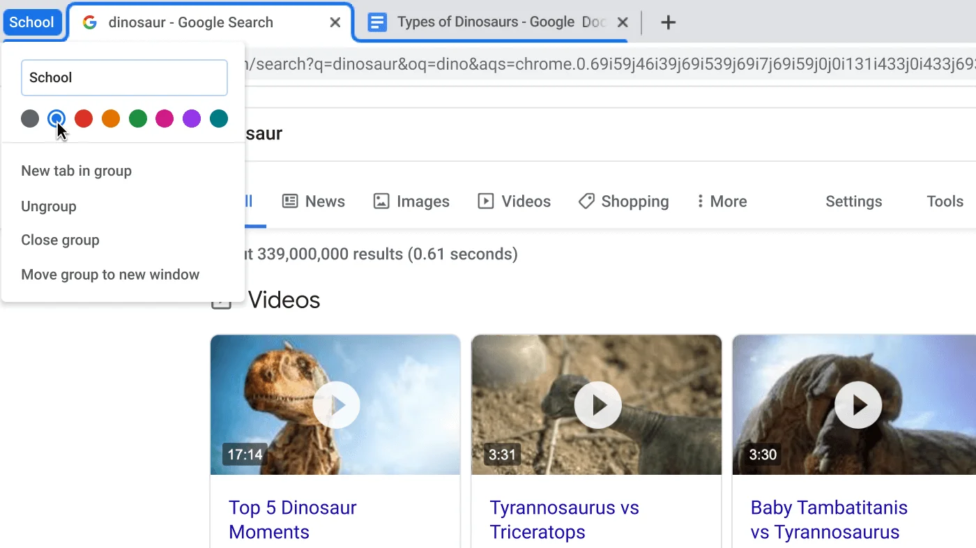 Chrome Browser window with dialogue box showing the naming of a tab group
