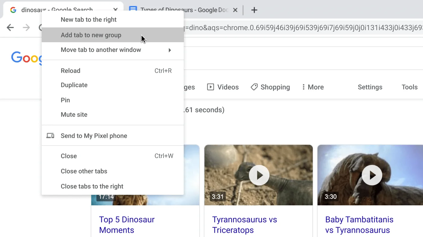 Chrome Browser window with dialogue box showing the creation of a new tab group