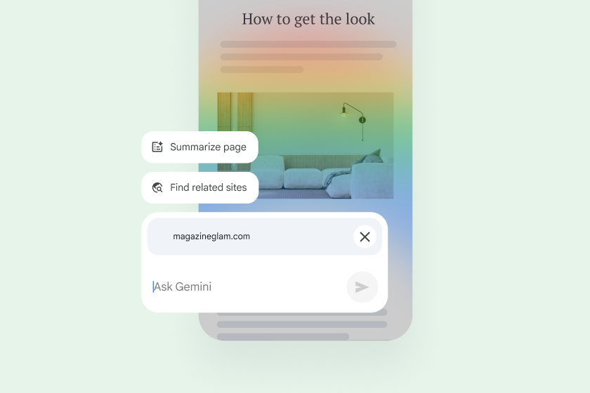 Over a webpage on a mobile phone, controls let the user summarize the page, find related sites, or ask Gemini a question.