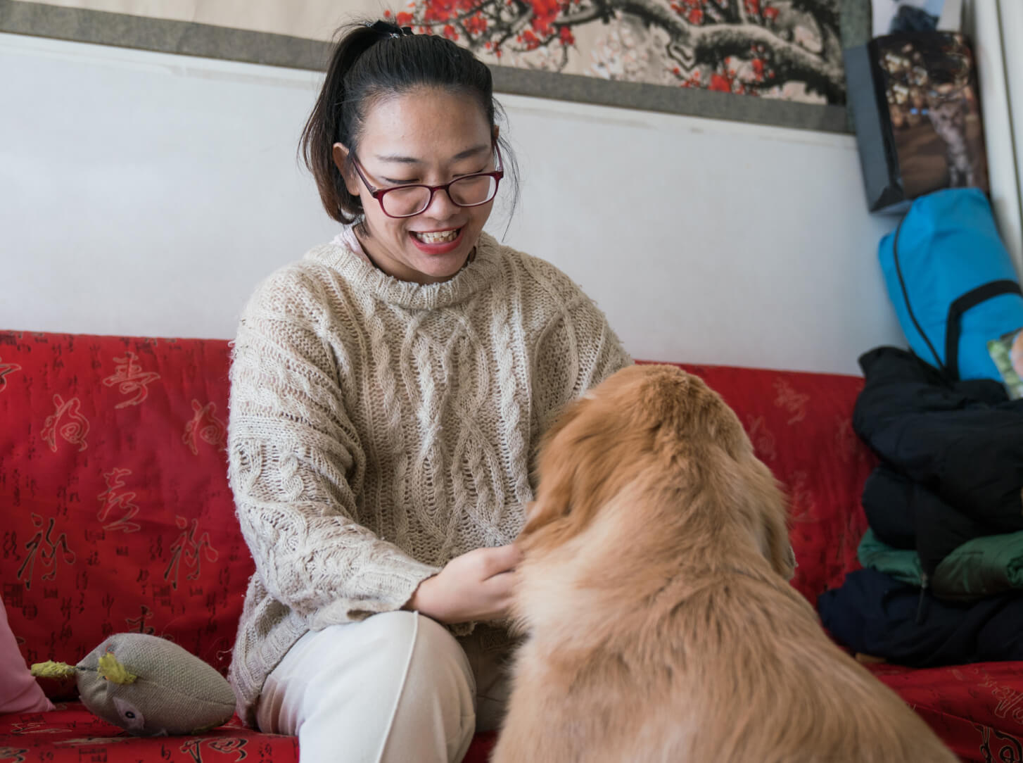 A woman is seated on a couch stroking an off-duty guide dog