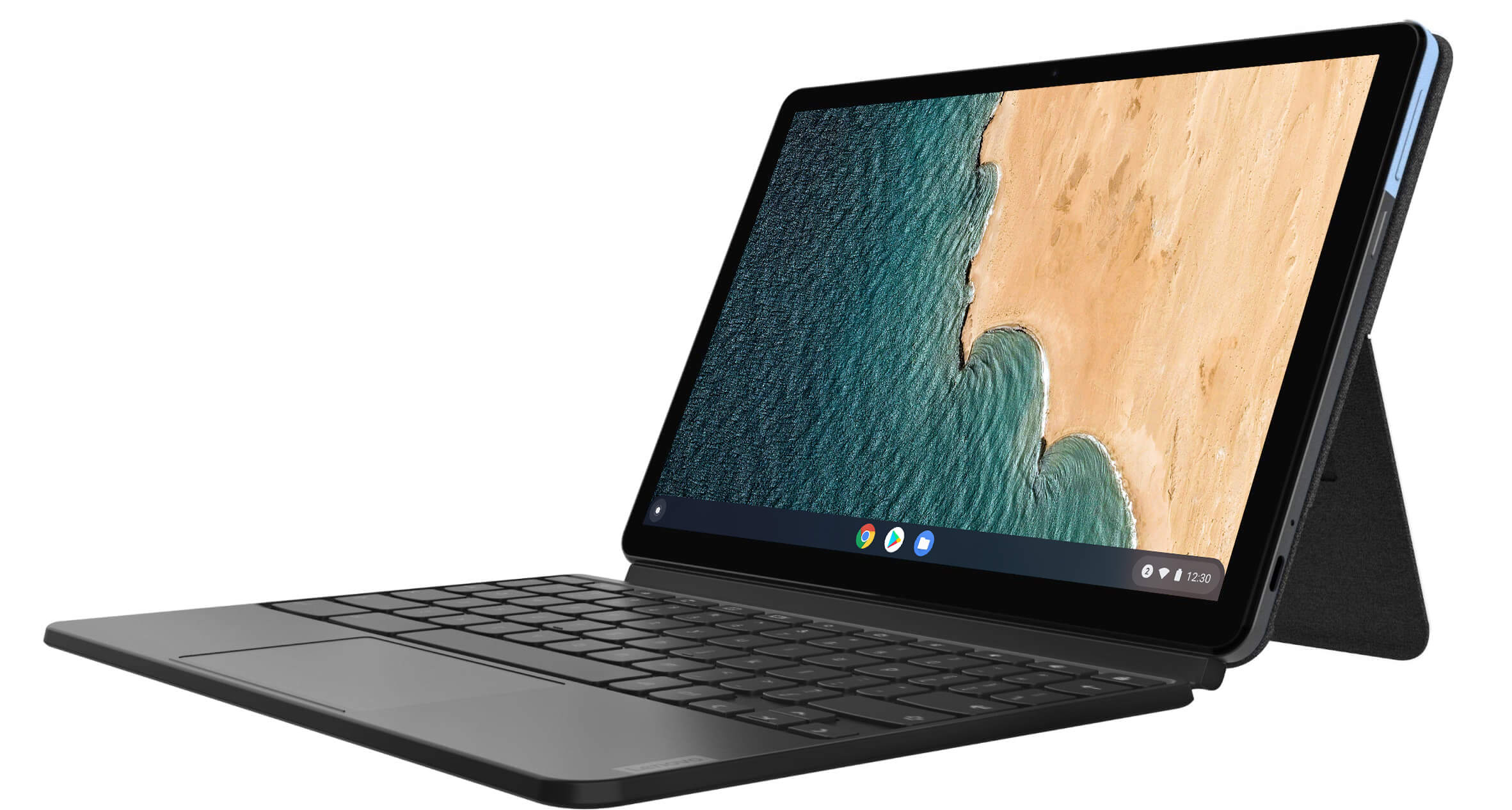 A Lenovo Duet Chromebook in productivity mode with its keyboard attached, displays a vivid abstract image.